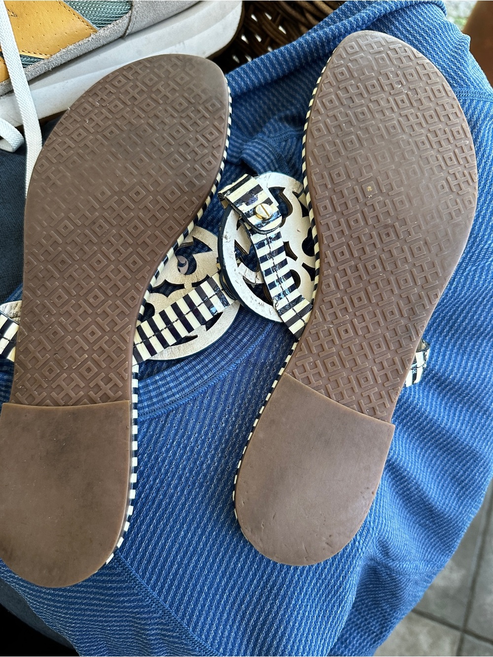 Tory Burch Navy and White Striped Logo Slide Sandals - Picture 4 of 5